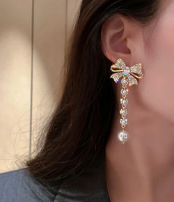 Pearl & Rhinestones bow earrings